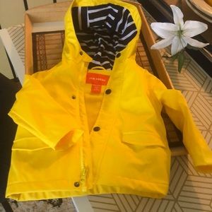 18-24m Yellow rain nautical style jacket .blue and white stripe detail in hoodie